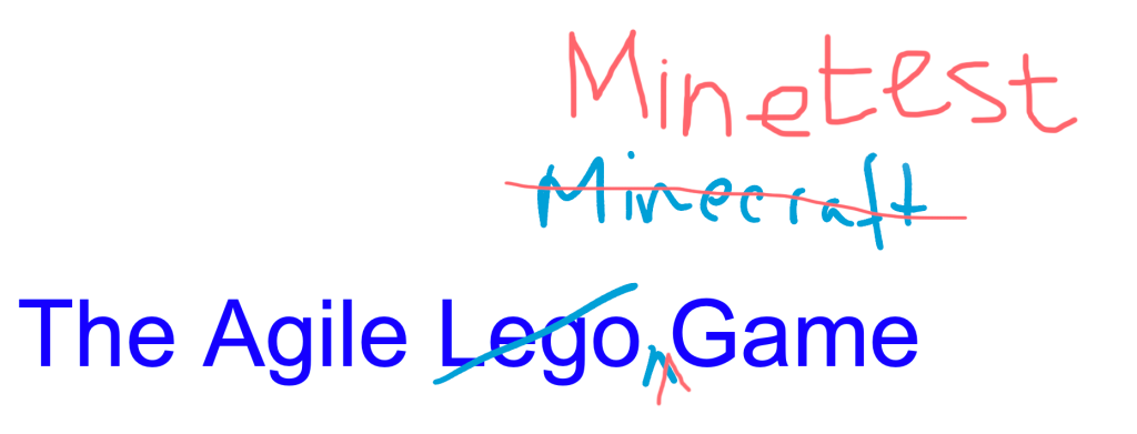 The text "Agile Lego Game" with the word "Lego" crossed out and "Minecraft" written on top of it, and then that word "Minecraft" crossed out with "Minetest" written on top of it.