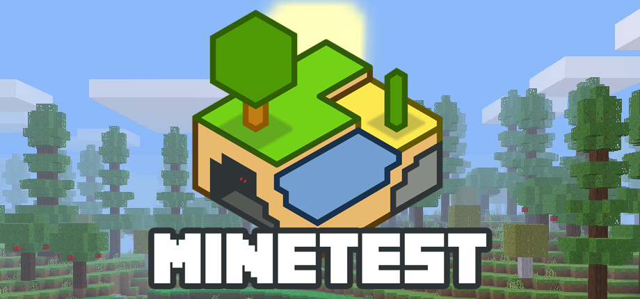 Logo of Minetest with trees, the sky and the sun.
